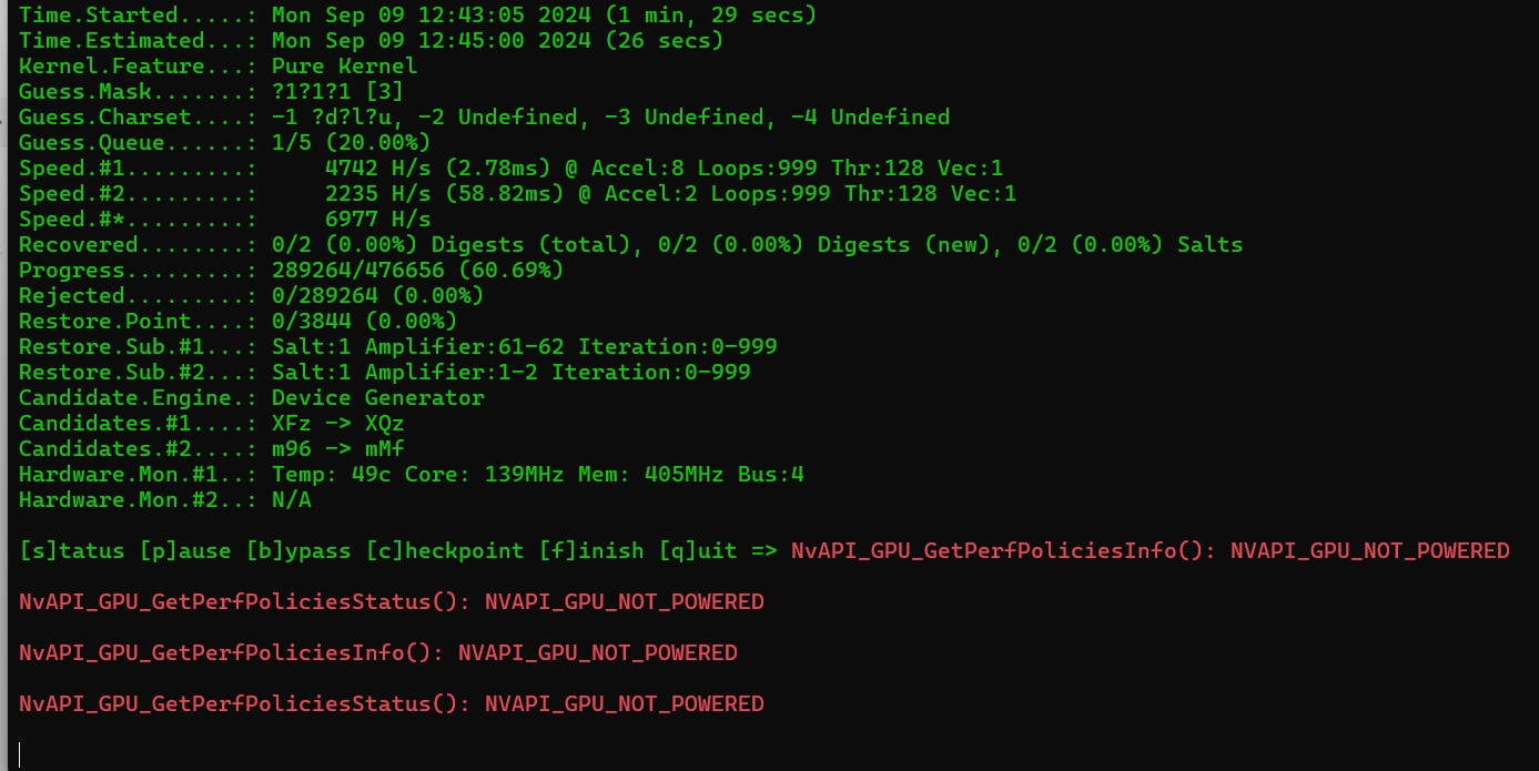 密碼破解時 NvAPI_GPU_GetPerfPoliciesInfo(): NVAPI_GPU_NOT_POWERED 報錯原因